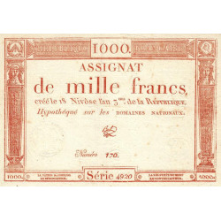Assignat 50a - 1000 francs - 18 nivôse an 3 - Signature 9 - Série 4920 - Etat : SPL