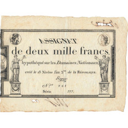 Assignat 51a - 2000 francs - 18 nivôse an 3 - Signature 27 - Série 777 - Etat : SUP
