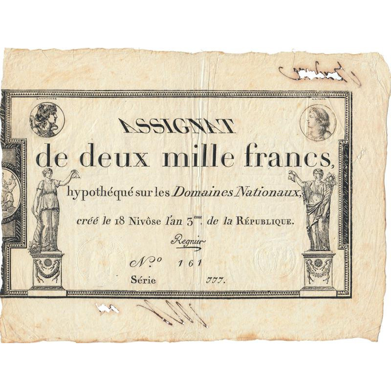 Assignat 51a - 2000 francs - 18 nivôse an 3 - Signature 27 - Série 777 - Etat : SUP
