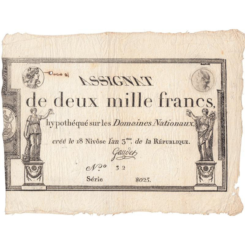 Assignat 51a - 2000 francs - 18 nivôse an 3 - Signature 18 - Série 8025 - Etat : SUP-