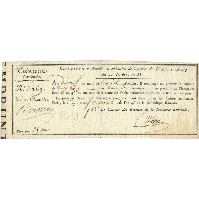 Rescription 53a - 25 francs - 21 nivôse an 4 - Etat : TTB