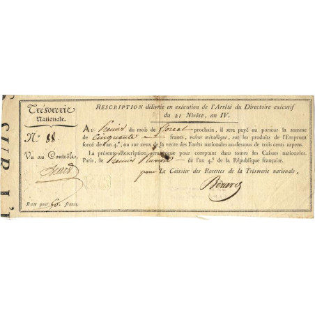 Rescription 54a - 50 francs - 21 nivôse an 4 - Etat : TTB