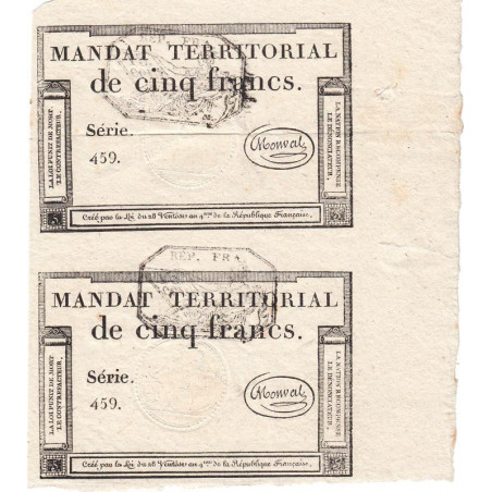 Paire mandat territorial 63b - 5 francs - 28 ventôse an 4 - Etat : SUP+