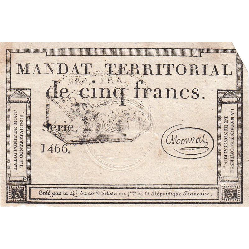 Mandat territorial 63b - 5 francs - 28 ventôse an 4 - Etat : TTB