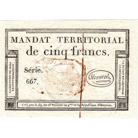 Mandat territorial 63c - 5 francs - 28 ventôse an 4 - Etat : SPL+