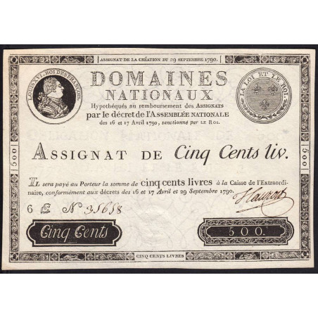 Assignat 10f-02 - Faux 500 livres - 29 septembre 1790 - Série 6E - Etat : NEUF