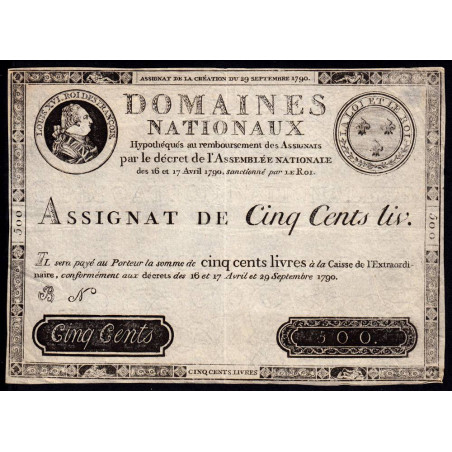 Assignat 10f-03 - Faux 500 livres - 29 septembre 1790 - Série B - Etat : SUP