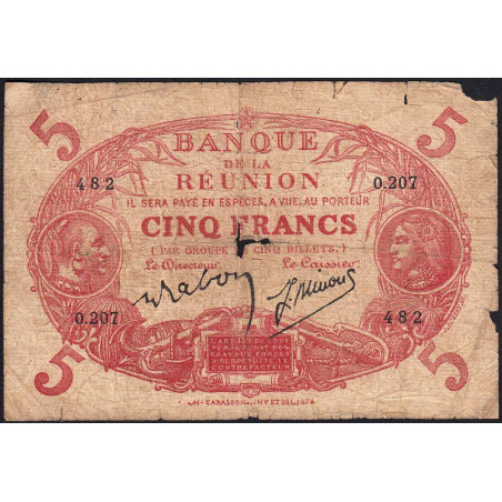 La Réunion - Pick 14_9 - 5 francs - Série O.207 - 1944 - Etat : B-