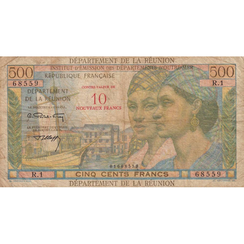 La Réunion - Pick 54b - 10 nouv. francs sur 500 francs - Série R.1 - 1971 - Etat : TB-