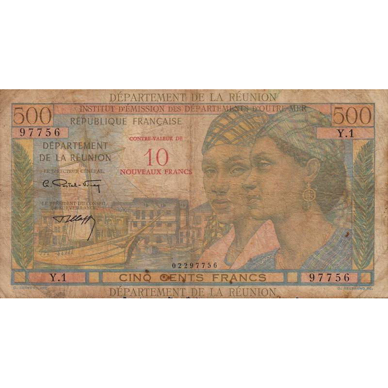 La Réunion - Pick 54b - 10 nouv. francs sur 500 francs - Série Y.1 - 1971 - Etat : B