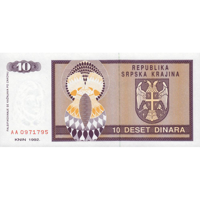 Croatie - Krajina - Pick R1 - 10 dinara - Série AA - 1992 - Etat : NEUF