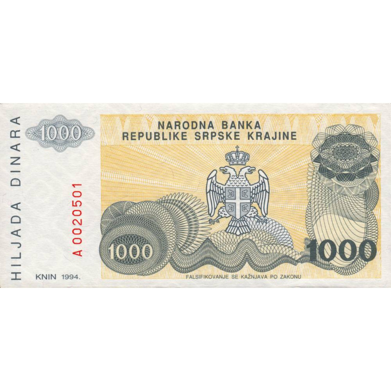 Croatie - Krajina - Pick R30 - 1'000 dinara - Série A - 1994 - Etat : NEUF