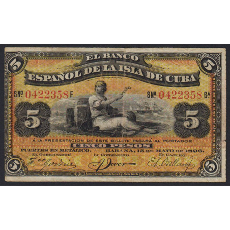 Cuba - Pick 48b - 5 pesos - Série F - 15/05/1896 - Etat : TB