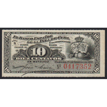 Cuba - Pick 52a - 10 centavos - Série K - 15/02/1897 - Etat : NEUF