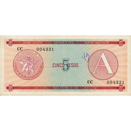 Cuba - Pick FX 3 - 5 pesos - Emission A - Série CC - 1985 - Etat : TTB