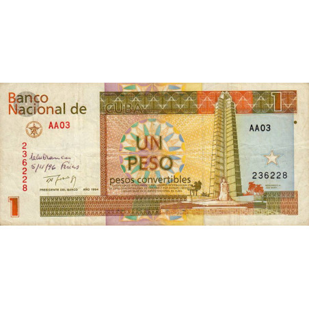 Cuba - Pick FX 37 - 1 peso - Série AA 03 - 1994 - Etat : TB