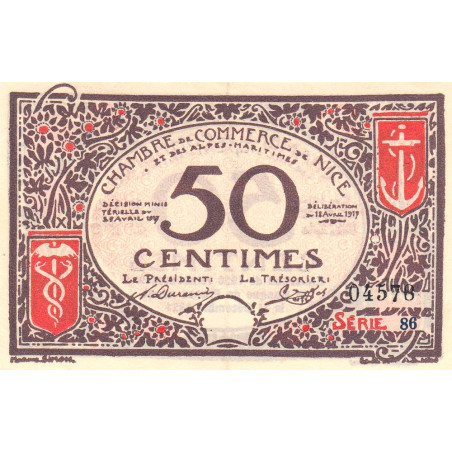 Nice - Pirot 91-06 variété 1 - 50 centimes - Série 86 - 25/04/1917 - Emission 1920 - Etat : SUP+
