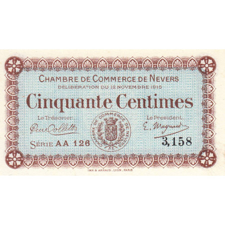 Nevers - Pirot 90-5 - 50 centimes - Série AA 126 - 12/11/1915 - Etat : NEUF