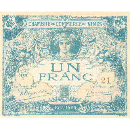 Nîmes - Pirot 92-6 - 1 franc - Série 1 - 04/06/1915 - Emission 1915-1920 - Petit numéro - Etat : NEUF