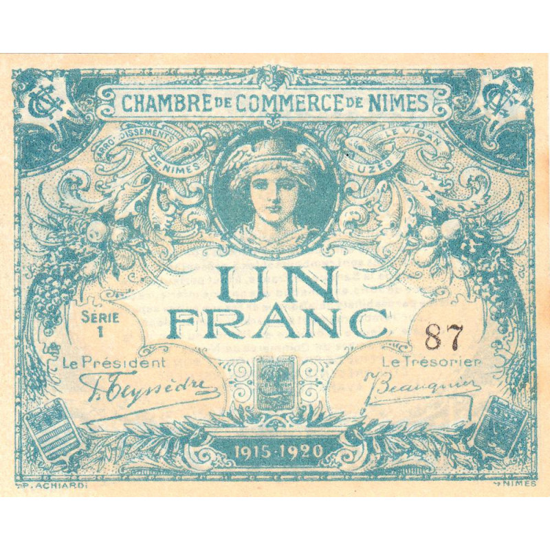 Nîmes - Pirot 92-6 - 1 franc - Série 1 - 04/06/1915 - Emission 1915-1920 - Petit numéro - Etat : SUP+ à SPL