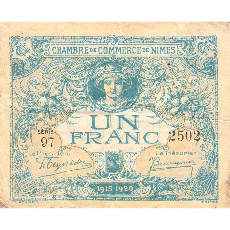 Nîmes - Pirot 92-11 variété - 1 franc - Série 97 - 04/06/1915  - Emission 1915-1920 - Etat : TB-
