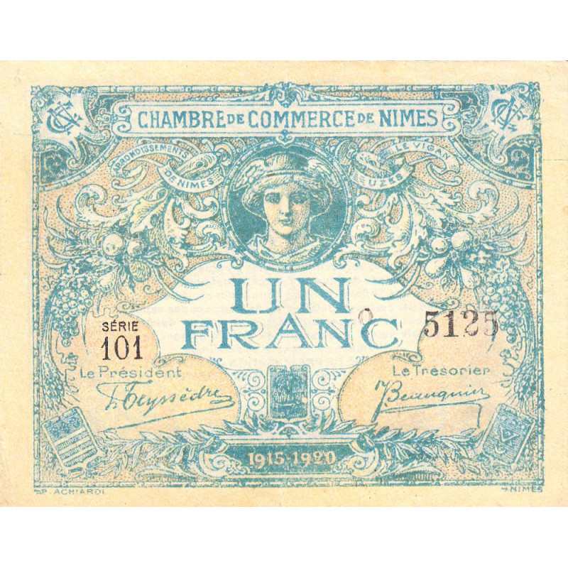 Nîmes - Pirot 92-11 variété - 1 franc - Série 101 - 04/06/1915  - Emission 1915-1920 - Etat : TTB+ à SUP