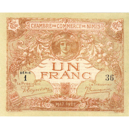 Nîmes - Pirot 92-14 - 1 franc - Série 1 - 04/06/1915  - Emission 1917-1922 - Petit numéro - Etat : NEUF