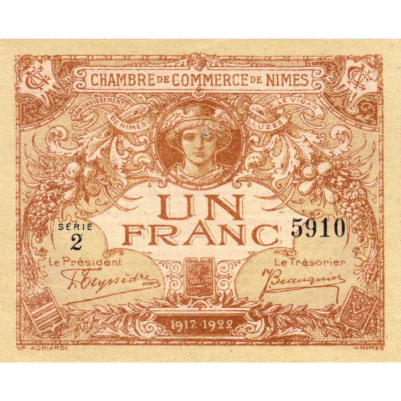 Nîmes - Pirot 92-14 - 1 franc - Série 2 - 04/06/1915  - Emission 1917-1922 - Etat : SUP+