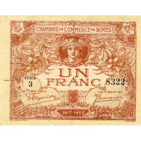 Nîmes - Pirot 92-14 - 1 franc - Série 3 - 04/06/1915  - Emission 1917-1922 - Etat : TTB+ à SUP