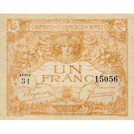 Nîmes - Pirot 92-18 variété 2 - 1 franc - Série 31 - Emission 1917-1922 - Etat : TTB+ à SUP