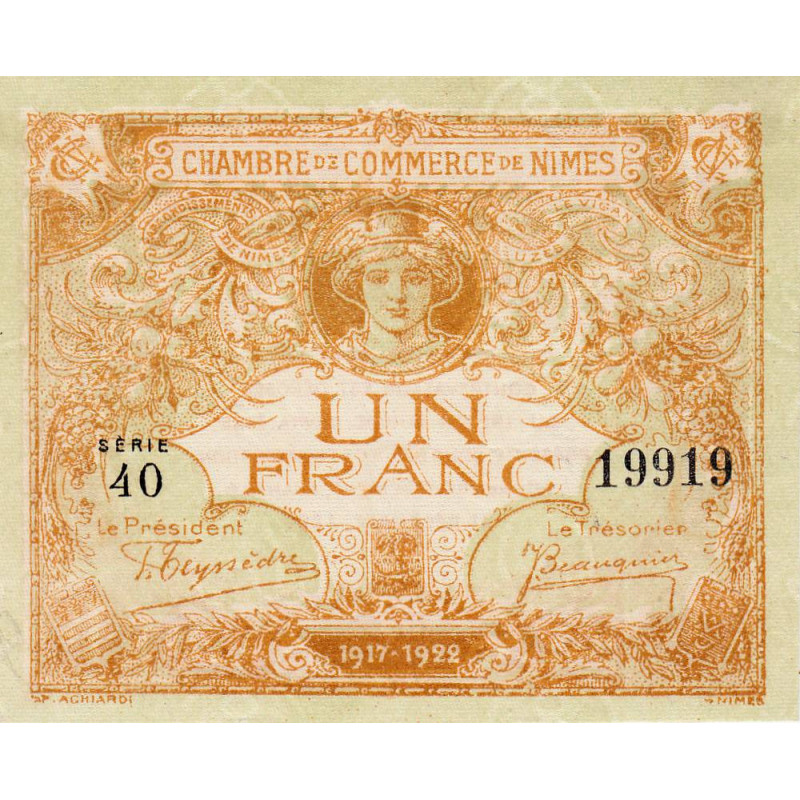 Nîmes - Pirot 92-18 variété 2 - 1 franc - Série 40 - Emission 1917-1922 - Etat : pr.NEUF