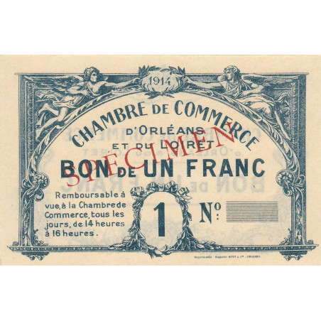 Orléans et Loiret - Pirot 95-2b - 1 franc - 1914 - Spécimen - Etat : pr.NEUF