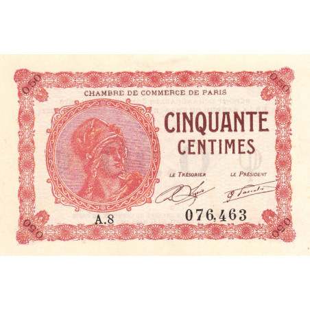 Paris - Pirot 97-10 - 50 centimes - Série A.8 - 10/03/1920 - Etat : SUP+ à SPL