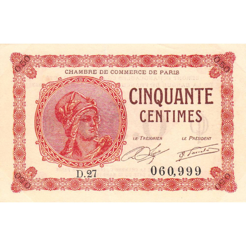 Paris - Pirot 97-10 - 50 centimes - Série D.27 - 10/03/1920 - Etat : TTB+