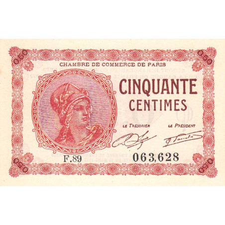 Paris - Pirot 97-10 - 50 centimes - Série F.89 - 10/03/1920 - Etat : SPL