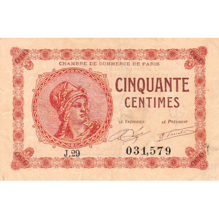 Paris - Pirot 97-10 - 50 centimes - Série J.29 - 10/03/1920 - Etat : TB+