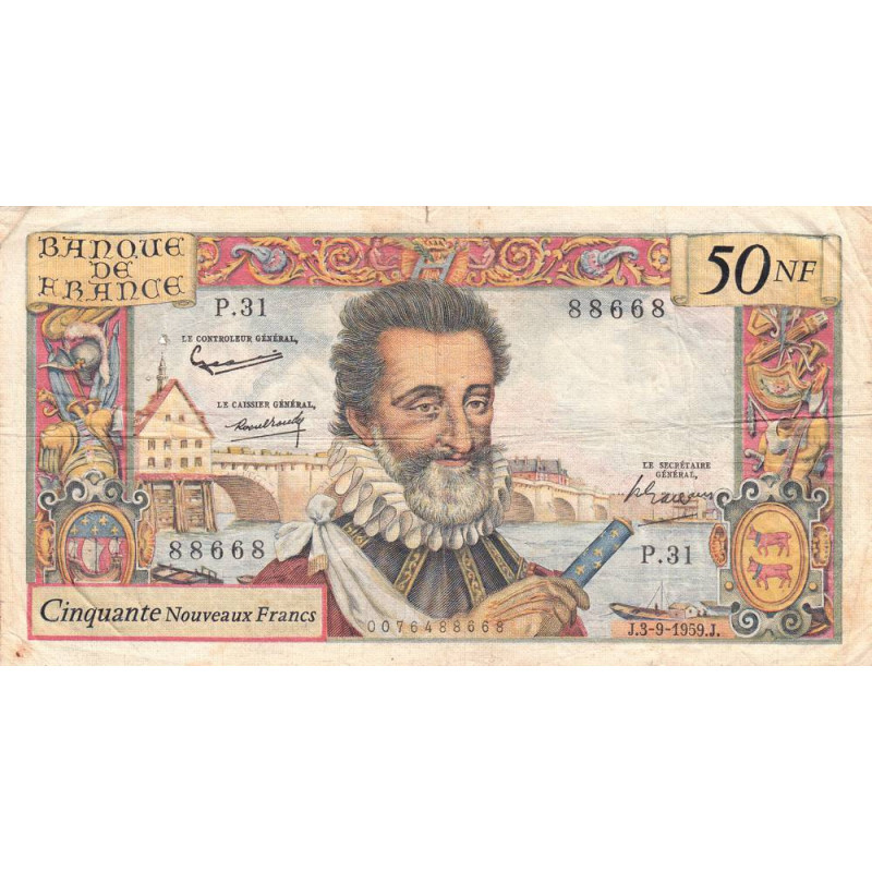 F 58-03 - 03/09/1959 - 50 nouv. francs - Henri IV - Série P.31 - Etat : TB