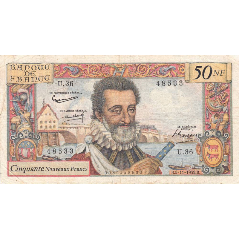 F 58-04 - 05/11/1959 - 50 nouv. francs - Henri IV - Série U.36 - Etat : TB