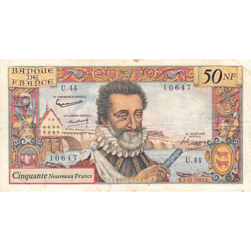 F 58-04 - 05/11/1959 - 50 nouv. francs - Henri IV - Série U.44 - Etat : TB+