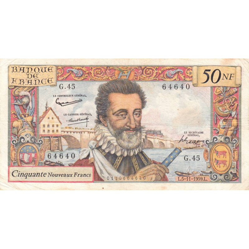 F 58-04 - 05/11/1959 - 50 nouv. francs - Henri IV - Série G.45 - Etat : TB+