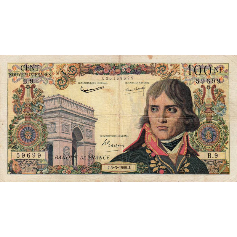 F 59-01 - 05/03/1959 - 100 nouv. francs - Bonaparte - Série B.9 - Etat : TB+