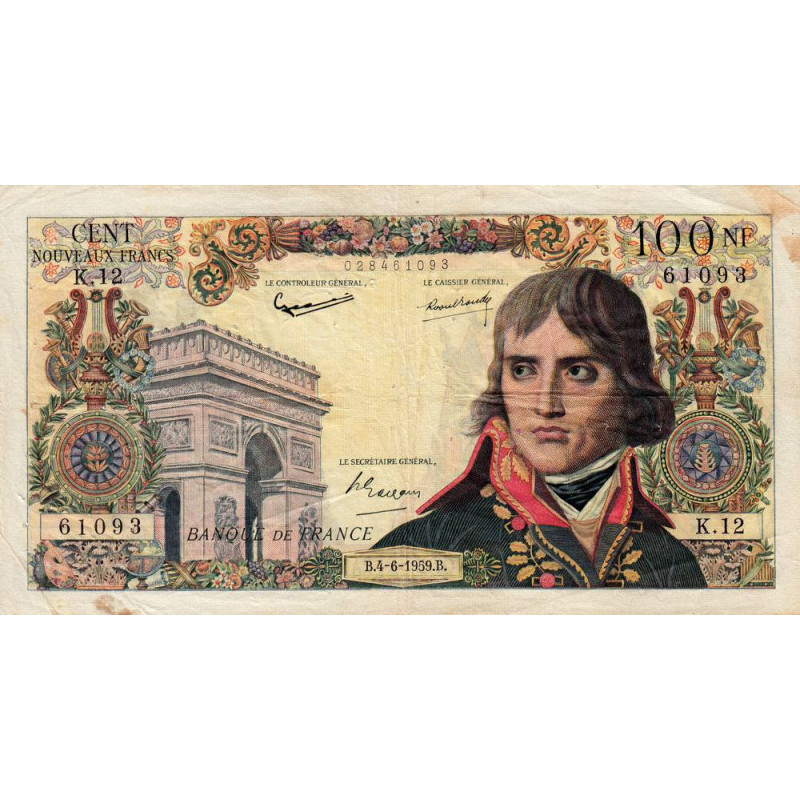 F 59-02 - 04/06/1959 - 100 nouv. francs - Bonaparte - Série K.12 - Etat : TB+