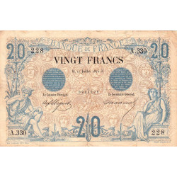 F 09-02 - 17/07/1875 - 20 francs - Noir - Série A.330 - Etat : TB à TB+