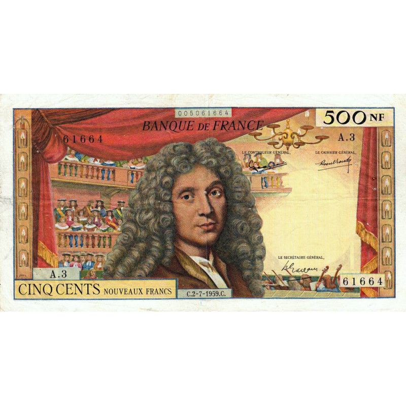 F 60-01 - 02/07/1959 - 500 nouv. francs - Molière - Série A.3 - Etat : TB+