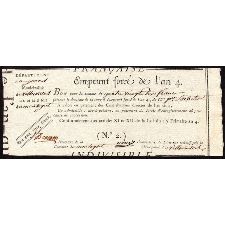 Gers - Montegut - Révolution - 1795 - Emprunt forcé de l'an IV - 90 francs - Etat : SUP