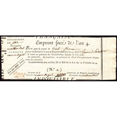 Gers - Montegut - Révolution - 1795 - Emprunt forcé de l'an IV - 100 francs - Etat : SUP