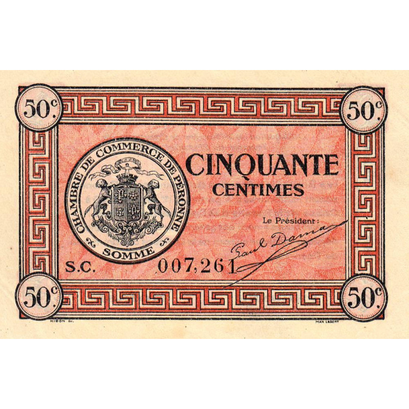 Péronne - Pirot 99-1 - 50 centimes - Série S.C. - 27/07/1920 - Etat : SUP+ à SPL