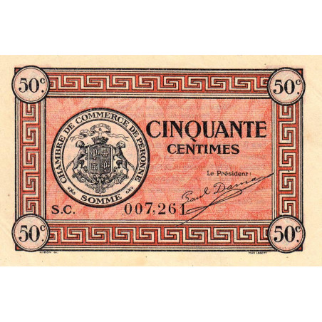 Péronne - Pirot 99-1 - 50 centimes - Série S.C. - 27/07/1920 - Etat : SUP+ à SPL