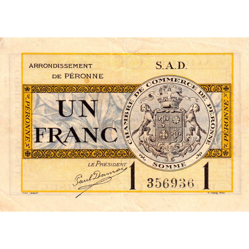 Péronne - Pirot 99-4b - 1 franc - Série S.A.D. - 18/10/1921 - Etat : TTB