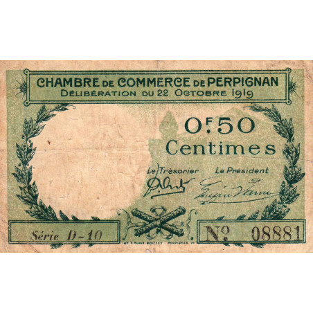 Perpignan - Pirot 100-27 - 50 centimes - Série D.10 - 22/10/1919 - Etat : TB